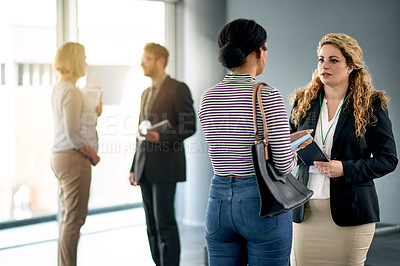 Buy stock photo Meeting, advisor and planning with business women in office for financial review, audit team and report. Budget update, treasury account and trader with employees in agency for investing profit