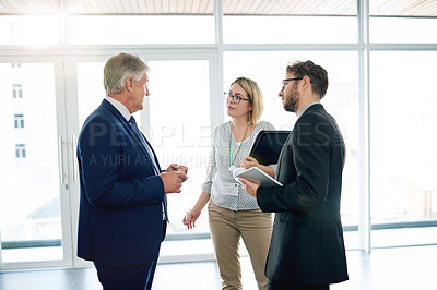 Buy stock photo Teamwork, meeting and advice with business people in office for trading mentor, partnership or investor. Stock market advisor, broker manager and feedback with employees in agency for discussion