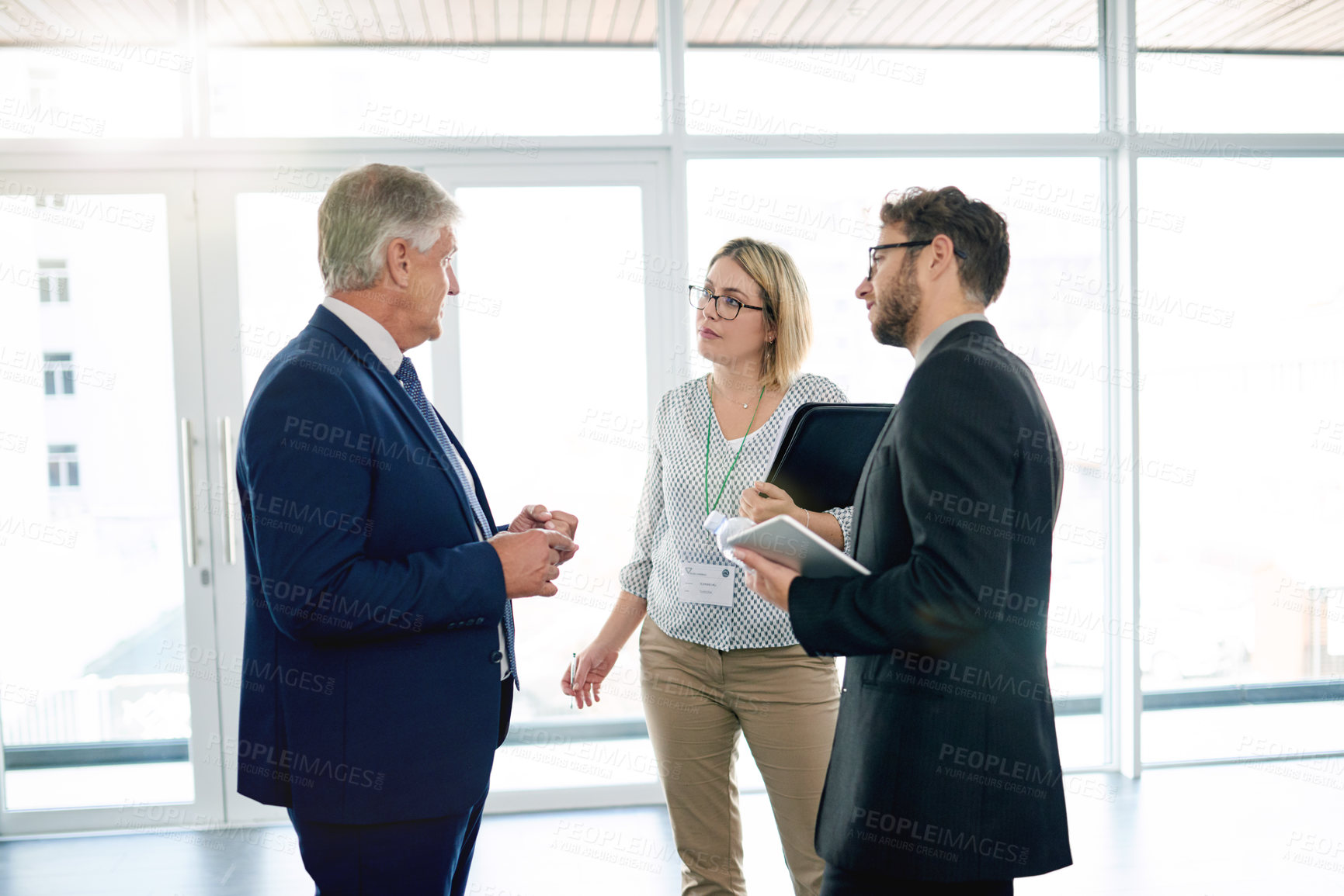 Buy stock photo Teamwork, meeting and advice with business people in office for trading mentor, partnership or investor. Stock market advisor, broker manager and feedback with employees in agency for discussion
