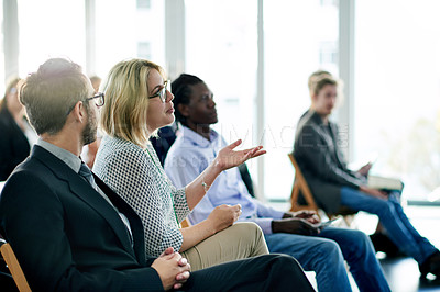 Buy stock photo Business, seminar and people at conference hall with question for learning, company planning and development. Corporate event, employees and engagement with topic for growth, discussion and feedback.