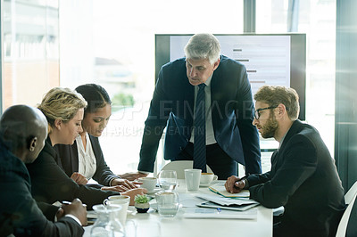 Buy stock photo Presentation, business people and team discussion with chart for investment, trading or coaching. Meeting, office and planning with presenter for stock market document, financial analysis or training