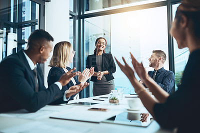 Buy stock photo Business people, meeting and applause with deal in office for partnership, launch or project. Celebration, employees and clapping hands with smile for brainstorming, planning or proposal for feedback