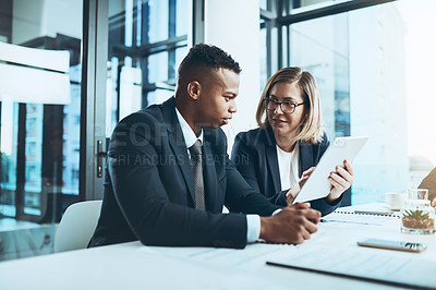 Buy stock photo Finance, discussion or team in office with tablet, profit projection or growth plan in budget review. Meeting, feedback or wealth advisor with tech, revenue outlook or forecasting with digital report