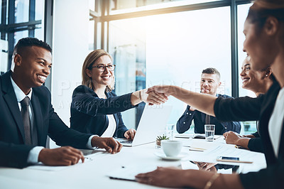 Buy stock photo B2B, happy or people in office with handshake, negotiation deal or approval in partnership meeting. Business, team or employee with shaking hands, merger agreement or success with collaboration plan
