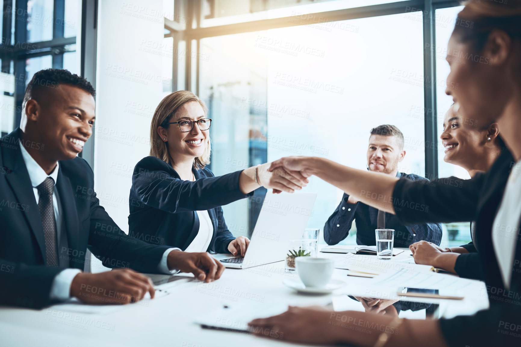 Buy stock photo B2B, happy or people in office with handshake, negotiation deal or approval in partnership meeting. Business, team or employee with shaking hands, merger agreement or success with collaboration plan
