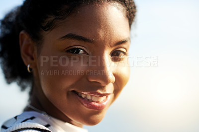 Buy stock photo Happy, outdoor and portrait of woman with smile for travel, tourist adventure and summer vacation. Relax, weekend and face of person with confidence, pride and for holiday, destination and getaway