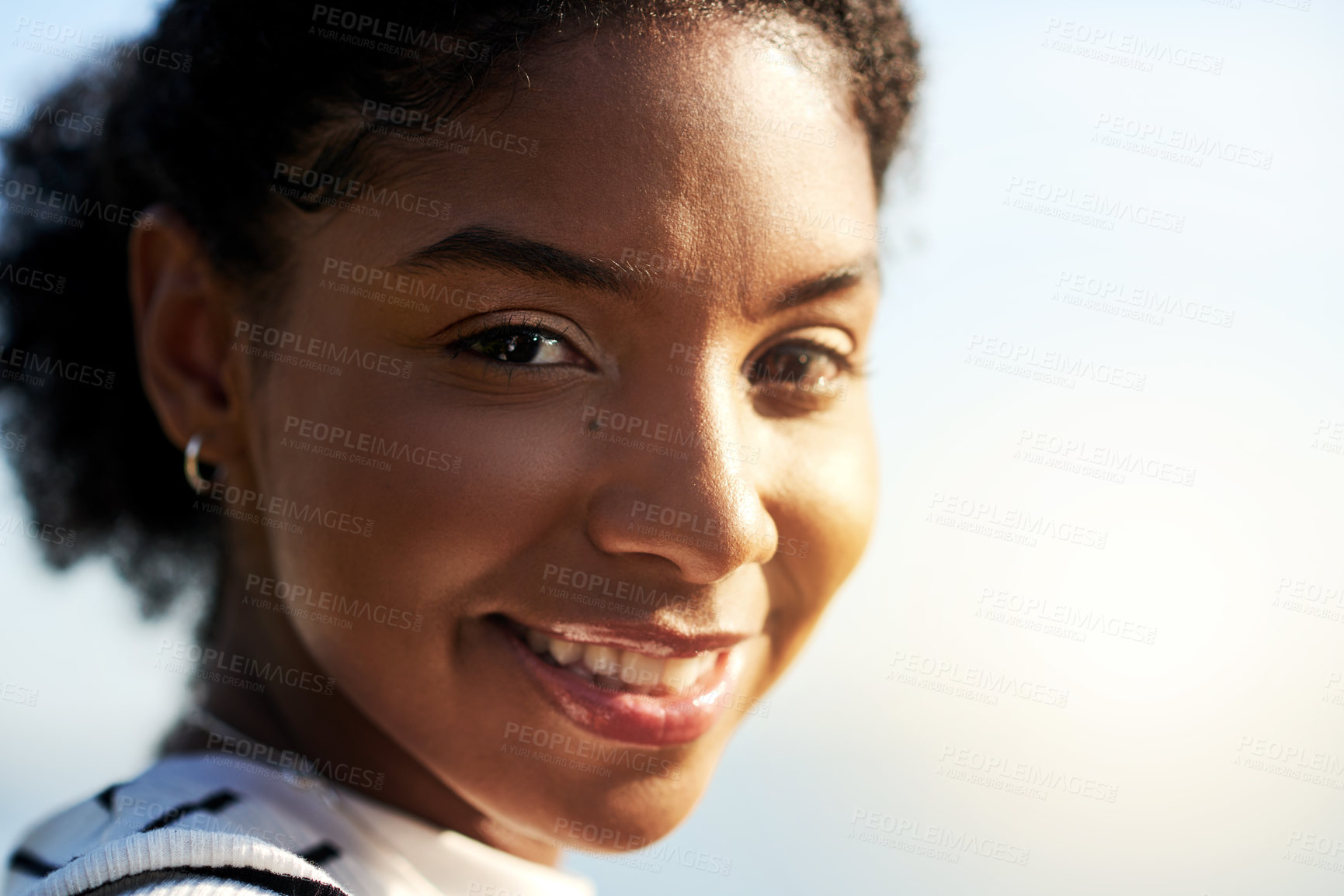 Buy stock photo Happy, outdoor and portrait of woman with smile for travel, tourist adventure and summer vacation. Relax, weekend and face of person with confidence, pride and for holiday, destination and getaway