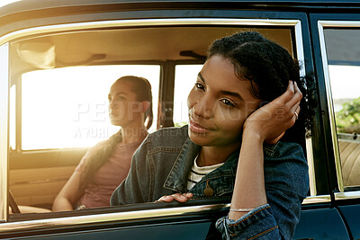 Buy stock photo Thinking, woman and friends with road trip in car for travel adventure, journey pause or reflection. People, fresh air or smile in vehicle for vacation memory, holiday ride or sightseeing destination