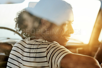 Buy stock photo Road trip, driver and black woman in car, thinking or tourism with vehicle, drive or summer holiday. Adventure, traveller or person with smile for vacation, flare and happy for journey with transport