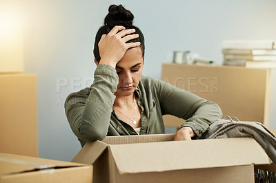 Buy stock photo Frustrated woman, packing and box with stress for mistake, home repossession or eviction notice. Upset, female person or depression for mortgage debt, lease violation or economic inflation in house
