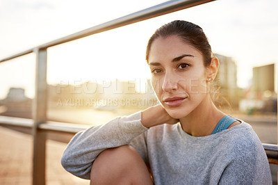 Buy stock photo Portrait, woman and rest for fitness in city of sport exercise, marathon training and workout break,. Female athlete, relax and practice with running competition, cardio progress and recovery outdoor