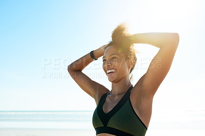 Buy stock photo Thinking, happy and athlete woman at beach for fitness, exercise and training progress. Confident, female person and space for sports workout, cardio reflection and planning for marathon practice
