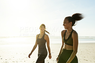 Buy stock photo Smile, athlete and friends with women on beach for fitness, running break and bonding together. Space, people and walking for cardio exercise, sports training and recovery from workout for wellness