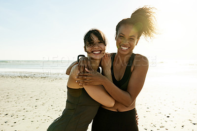 Buy stock photo Portrait, women and friends hug for fitness support, exercise and training on beach. Space, people and embrace with flare for sports workout, happy runners and bonding together for wellness outdoor