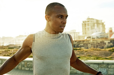 Buy stock photo Fitness, thinking and black man in city with stretching, health and runner in urban town. Cardio, wellness and African athlete outdoor with flare, break from training and exercise with warm up.
