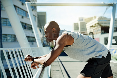 Buy stock photo Black man, thinking and fitness with break on bridge for workout, exercise or health and wellness. Active, male person or runner with contemplation, rest or recovery for outdoor training in city