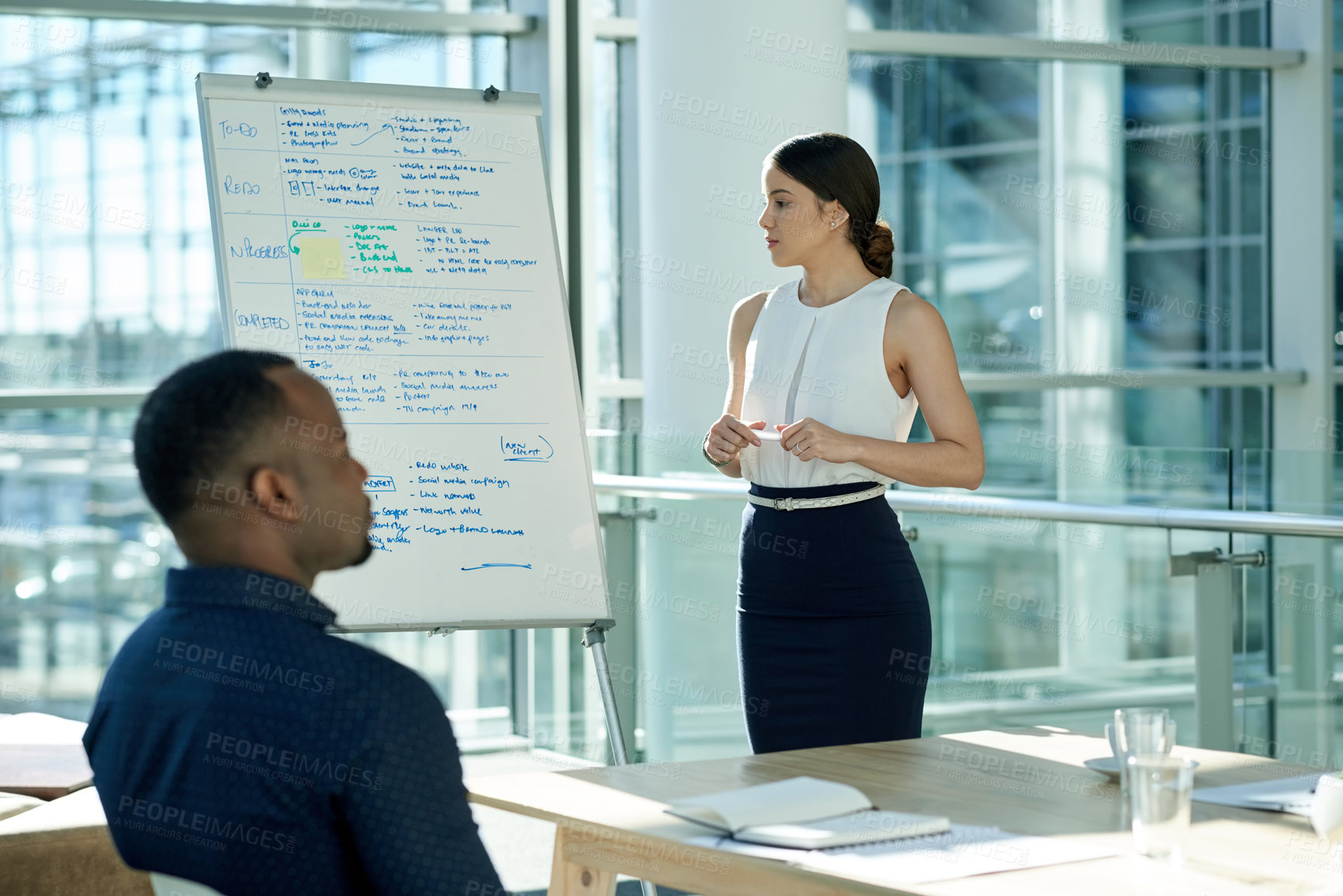 Buy stock photo Business woman, team and workshop with whiteboard for finance skills, risk mitigation and workflow. Presentation, coach and financial training in office for upskill, to do list and company compliance