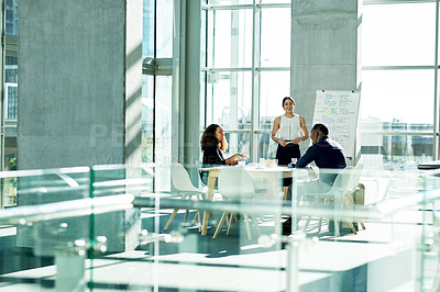 Buy stock photo Presentation, review and training with business people in office for discussion, planning or project management. Collaboration, teamwork and woman with whiteboard for brainstorming, report or meeting