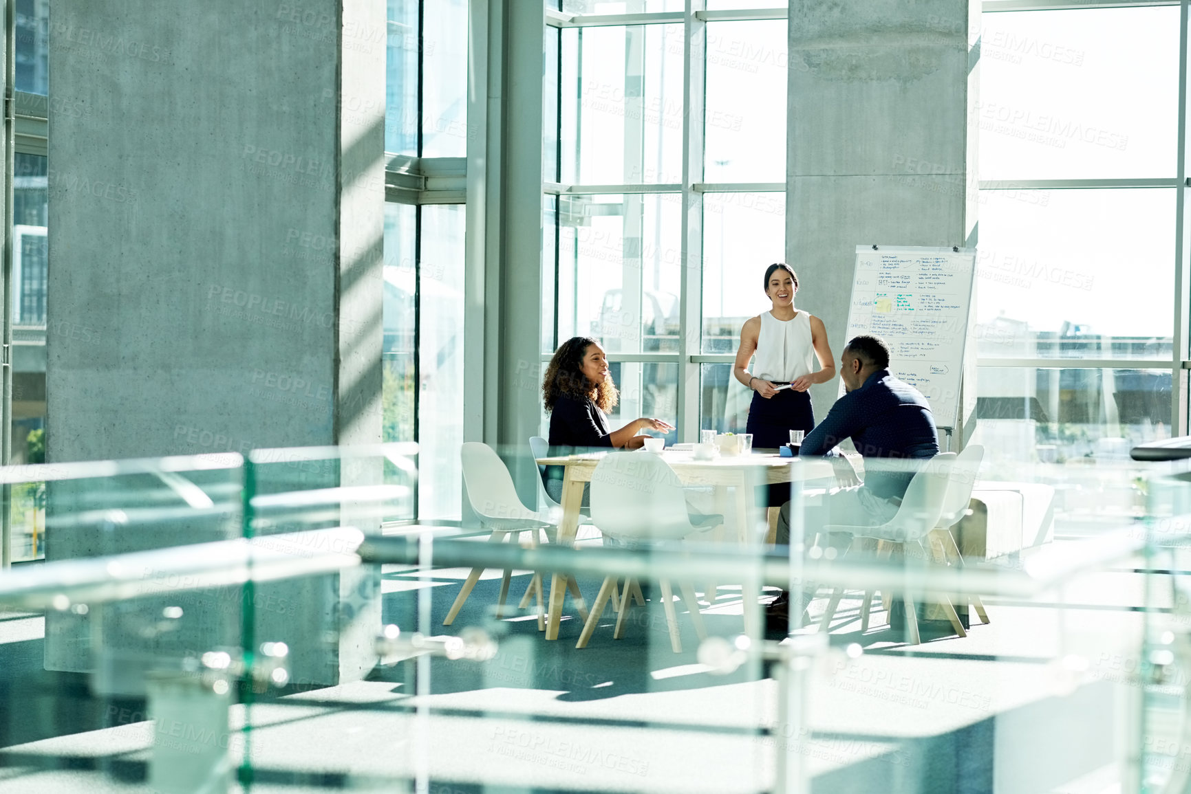 Buy stock photo Presentation, review and training with business people in office for discussion, planning or project management. Collaboration, teamwork and woman with whiteboard for brainstorming, report or meeting