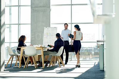 Buy stock photo Business, presentation and people in office with whiteboard, research and planning for press release. Agenda, teamwork and PR team in meeting with collaboration, timeline and schedule for interview.