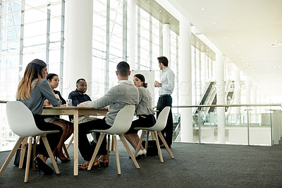Buy stock photo Business, presentation and woman in workplace, team and planning for investment deal. Finance agency, people or speaker with discussion, meeting or feedback for profit growth and cooperation