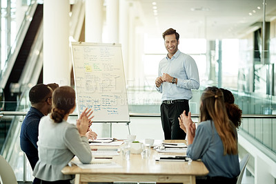 Buy stock photo Happy, businessman and applause with team for presentation, success or staff training in office. Male person, speaker or coaching with group of employees clapping for company performance in workplace