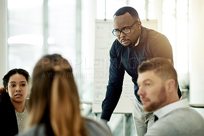 Buy stock photo Meeting, team and listening with business people in office for event planning, project timeline and partner. Schedule, pitch and collaboration with employee in agency for feedback and proposal
