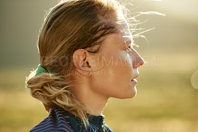 Buy stock photo Thinking, sports and woman in nature for morning exercise, workout and training outdoor. Thoughtful, reflection and profile of person with active hobby for wellness, health and fitness on weekend