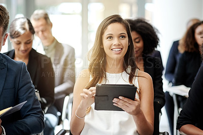Buy stock photo Tablet, workshop and seminar with business woman for presentation, panel discussion and research. Meeting, conference and schedule list with people in audience for team, digital agenda and showcase