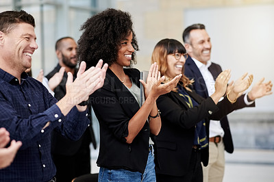 Buy stock photo Happy, clapping or business people with standing ovation for success, team or corporate project. Group, development and applause of audience in convention for event, goals and winning achievement