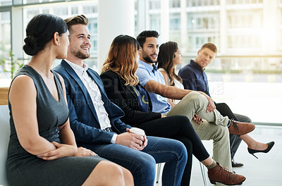 Buy stock photo Job interview, talking or people in office for waiting, appointment or human resources. Business, meeting or applicants in line for recruitment process, employment search and application opportunity