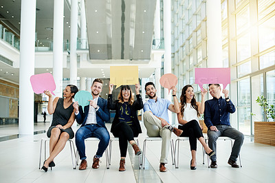 Buy stock photo Speech bubble, survey and business people in waiting room for hiring, blank space or hr vote. Recruitment, portrait or candidates with chat sign for social media, feedback or opinion mockup in office