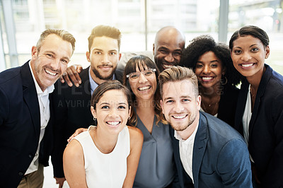 Buy stock photo Business people, group and portrait in office with smile, entrepreneur and confidence. Corporate men, women and together for teamwork, management and about us for mission collaboration and solidarity