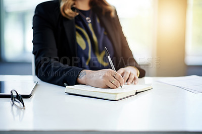 Buy stock photo Businesswoman, hands and writing in notebook with schedule for tasks, reminder and to do list. Office, employee and journal entry at desk for planning appointment, corporate checklist and information