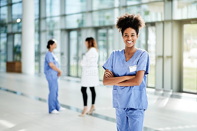 Buy stock photo Happy, hospital and portrait of nurse with crossed arms for medical internship, career and opportunity. Healthcare, space and woman with confidence, pride and smile for wellness, service and job