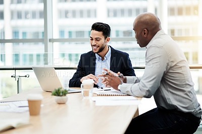 Buy stock photo Business, people and meeting with laptop in office for stocks analysis, investment advice or planning. Broker, client and tech with discussion for portfolio management, market news and feedback