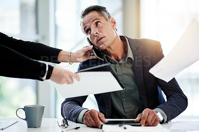 Buy stock photo Multitasking, busy or businessman in office with paperwork, administration crisis and tablet. Overwhelmed, toxic workflow or hands of people giving documents for deadline or phone call to manager
