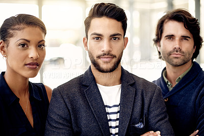 Buy stock photo Portrait, leadership or business people in office with pride, collaboration or motivation for company goals. Confident, united and management team in workplace with ambition, solidarity and support.