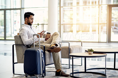 Buy stock photo Online, employee and man with smartphone, airport or communication for business travel and schedule. Scroll, drink and person with suitcase for international trip, waiting and check booking details