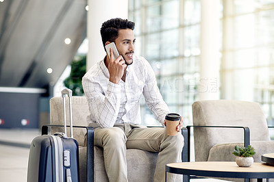 Buy stock photo Phone call, planning and business man in airport lobby for conference, travel and confirmation. Trip booking, seminar schedule and flight details with person and drink with information on reservation