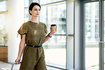 Buy stock photo Coffee, travel and businesswoman in airport with luggage for international work trip with smile. Career growth, walking and female person with drink and suitcase for global corporate opportunity.