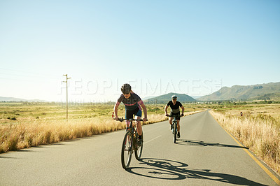 Buy stock photo Cycling, fitness and health with couple in nature for adventure, race team and cardio workout. Exercise, training and bike with man and woman in countryside for athlete, sports and bicycle space