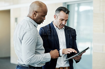 Buy stock photo Discussion, corporate and business men on tablet for finance review, investor advice and planning. Office, collaboration and people on digital tech for financial report, online proposal and budget