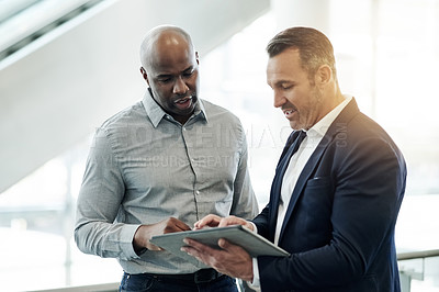 Buy stock photo Office, tablet and business people in discussion for online proposal, project and financial review. Corporate, meeting and men on digital tech for budget planning, collaboration and finance report