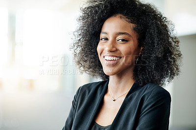 Buy stock photo Portrait, laugh and business woman in office as financial consultant with pride. African professional, funny and happy investment advisor with career opportunity, about us and corporate ambition