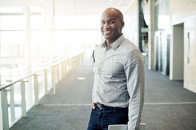 Buy stock photo Portrait, smile and black man in office for business policy, finance regulations or compliance officer. Tablet, confidence and mobile website with person at insurance company for risk management