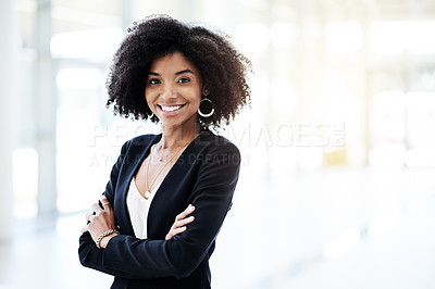 Buy stock photo Confident, crossed arms and portrait of businesswoman in office with happiness for finance career. Space, corporate and financial manager from Mexico with pride for job opportunity in workplace.
