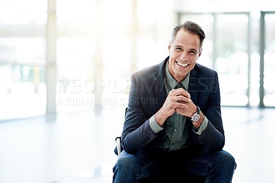 Buy stock photo Workplace, happy or mature businessman with portrait for investment project or venture capital. Investor, space or executive director in office with confidence, private equity or finance experience