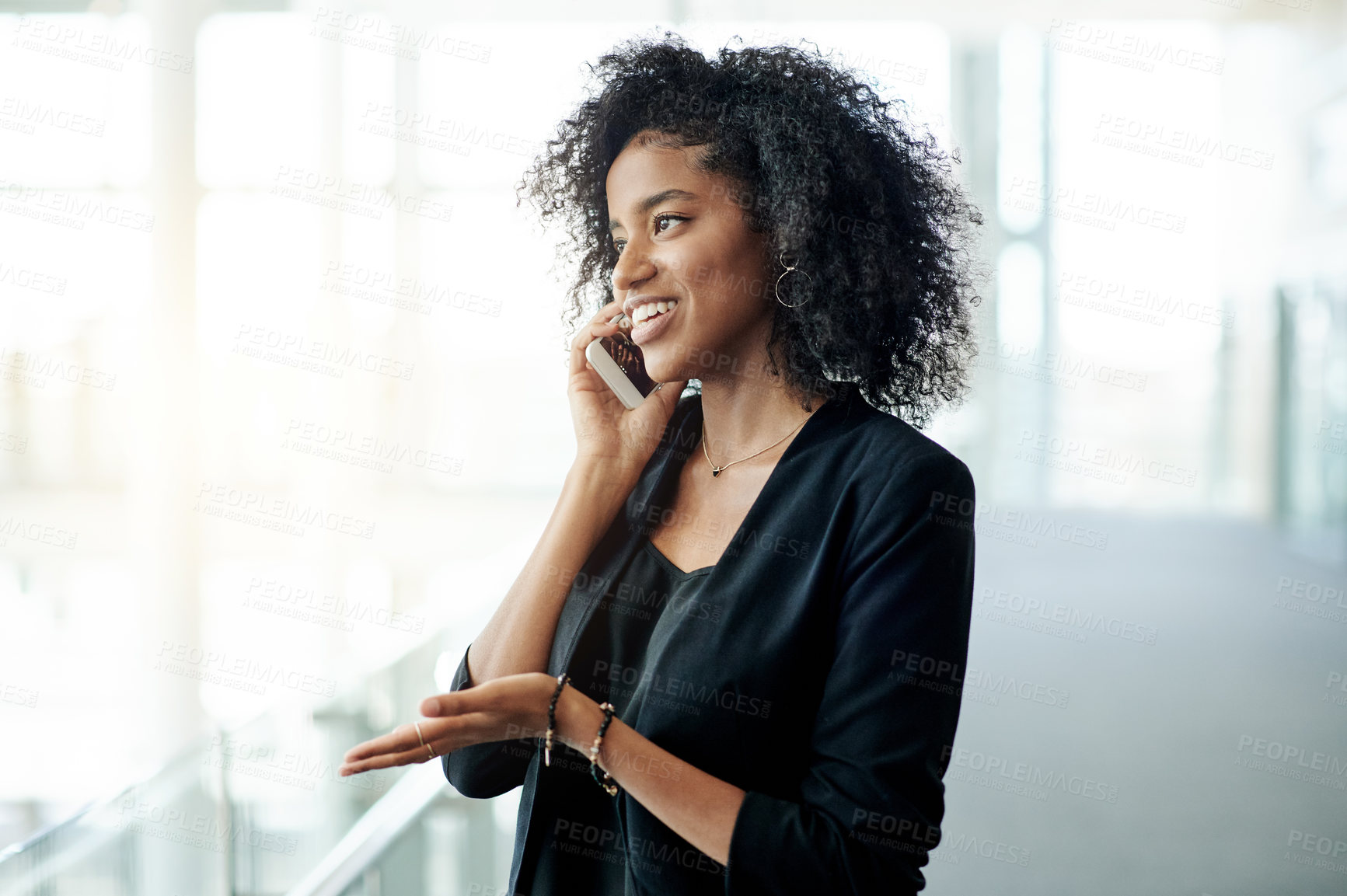 Buy stock photo Phone call, smile and thinking with business woman in foyer for development update or workshop. Communication, conference and conversation with happy African employee in lobby for negotiation