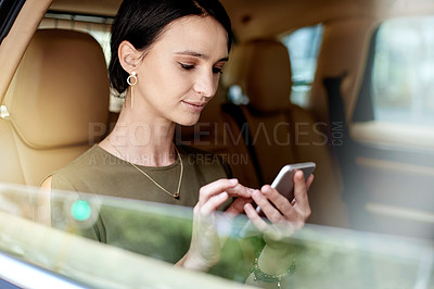 Buy stock photo Scroll, city and woman in car window with phone, online communication or daily commute to workplace. Reading, digital and consultant in vehicle with mobile, email or message update on urban travel.